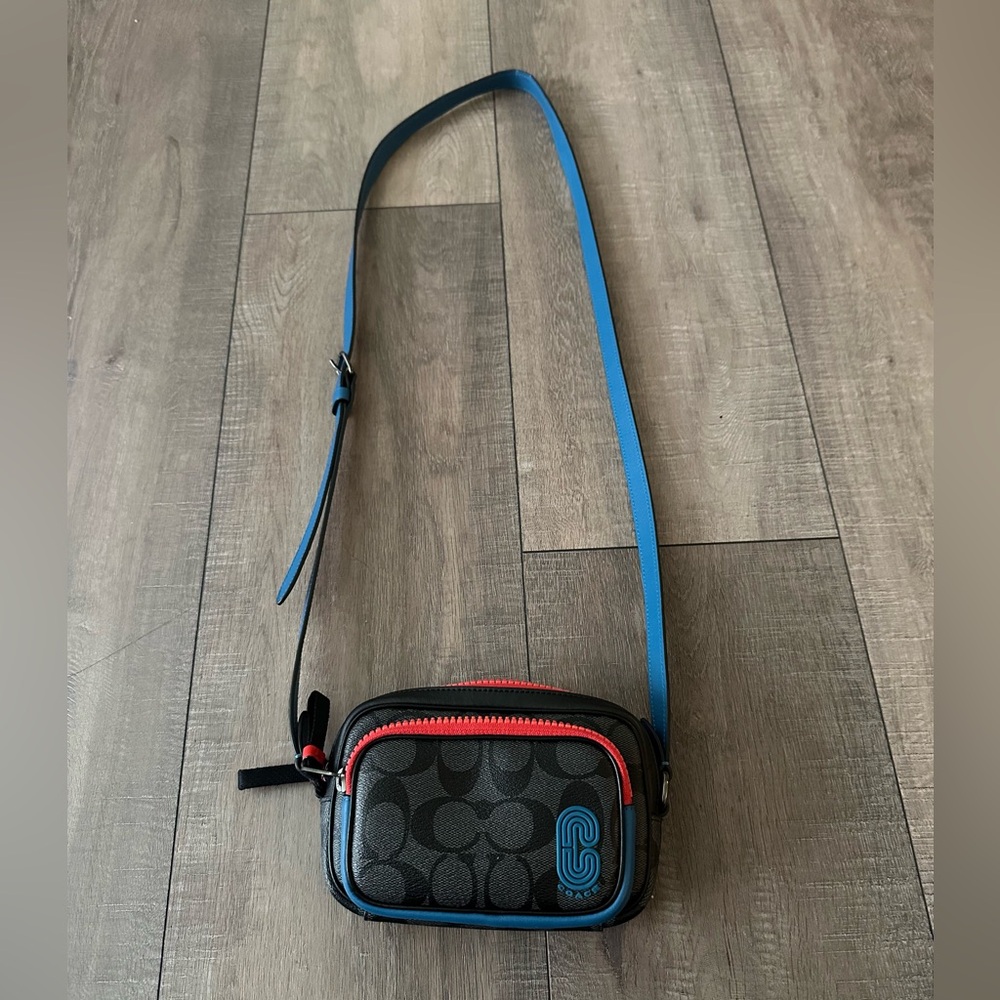 Small Black Coach Crossbody Mini Bag with Blue and Red Details